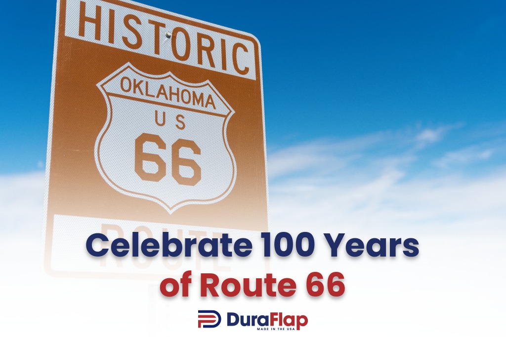 historic brown and white Route 66 sign in Oklahoma